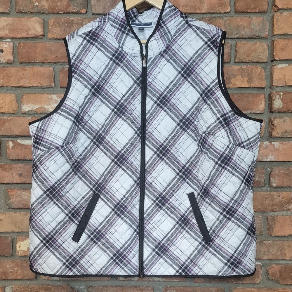 Karen Scott Sport Quilted Plaid Puffer Vest 3X Pink Black White Preppy